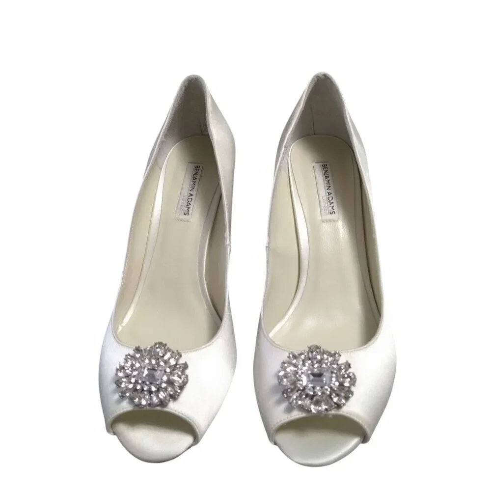 Benjamin Adams Helen Ivory Silk Satin Wedge Open Toe Swarovski Crystal Size 8